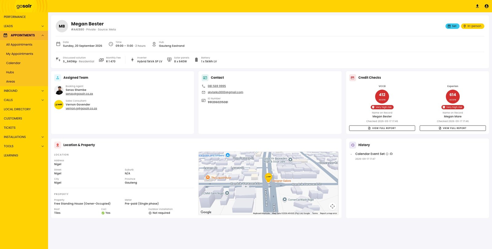 An appointment detail page: date, time and hub, the discussed solution and hardware, the assigned booking agent and sales consultant, contact details, credit-check scores, and the property with a map.
