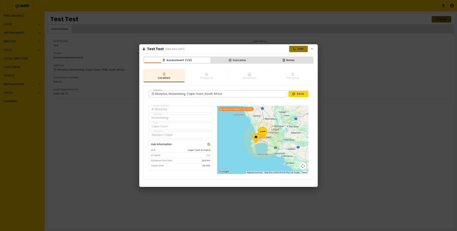 Step one of the assessment: an address resolved to suburb, city and province, beside a map showing the nearest service hub, its distance and travel time.