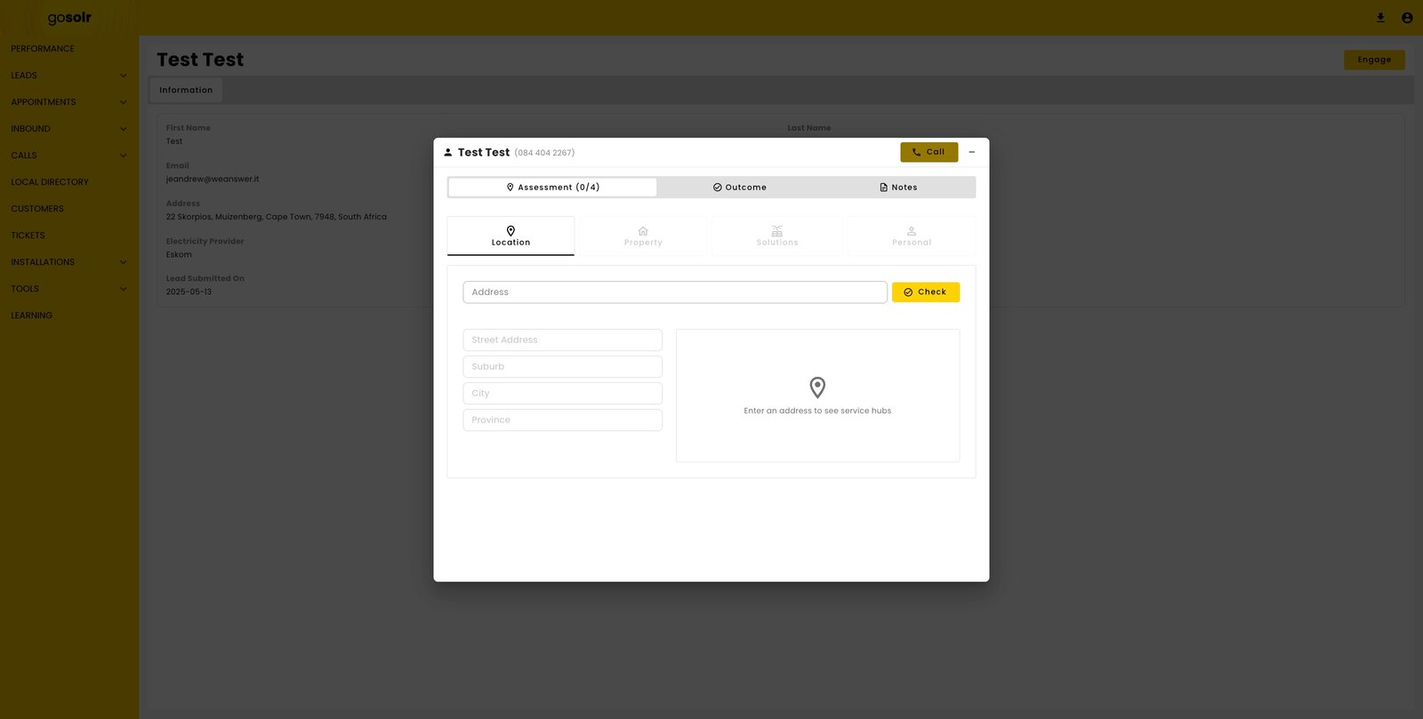 The lead assessment opening on step one of four, with Location, Property, Solutions and Personal tabs and an empty address field.