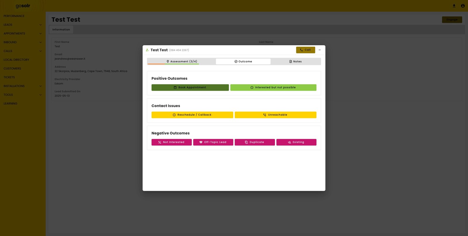 The assessment outcome step: buttons grouped under Positive Outcomes, Contact Issues and Negative Outcomes.