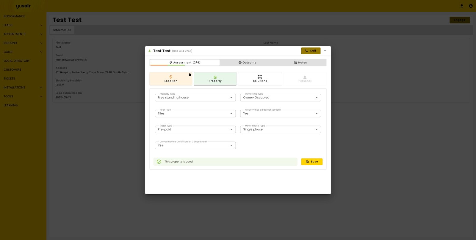 Step two of the assessment: dropdowns for property type, ownership, roof type, flat-roof section, meter type, meter phase and certificate of compliance, with a green “This property is good” result.