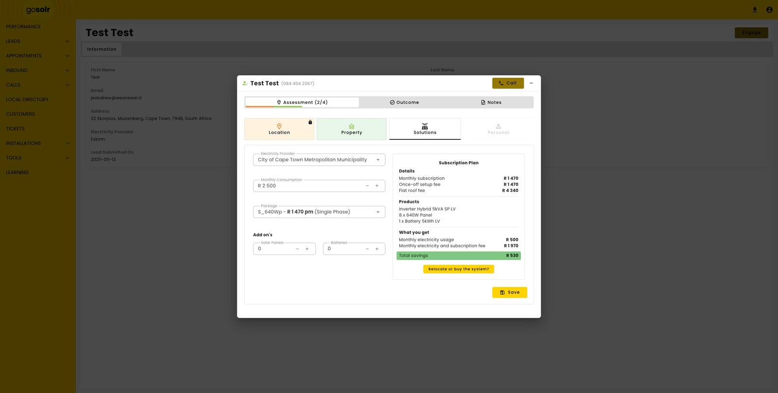 Step three of the assessment: electricity provider, monthly consumption and package inputs beside a subscription plan panel itemising fees, products and total monthly savings.