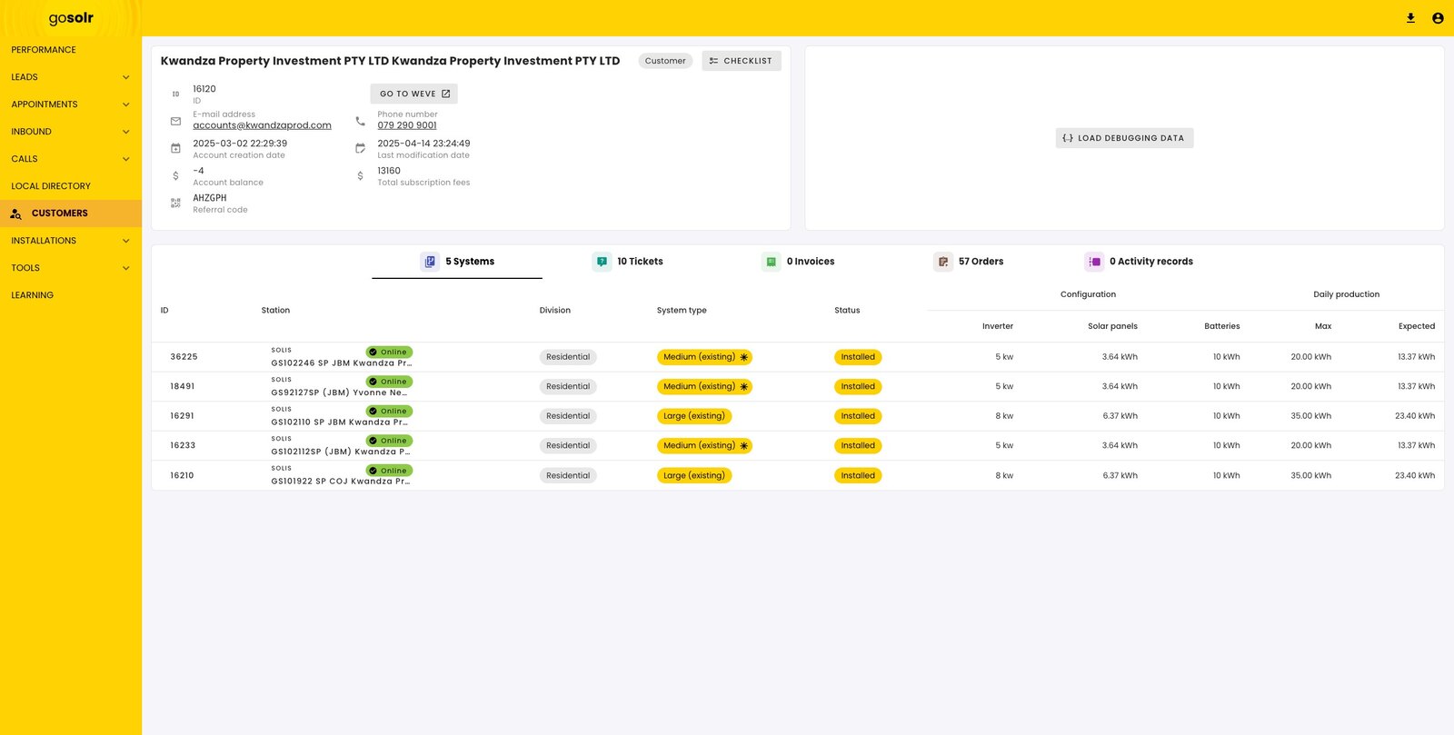 A customer record showing account details and a systems tab listing five installations with division, system type, status, inverter, panels, battery and daily production.