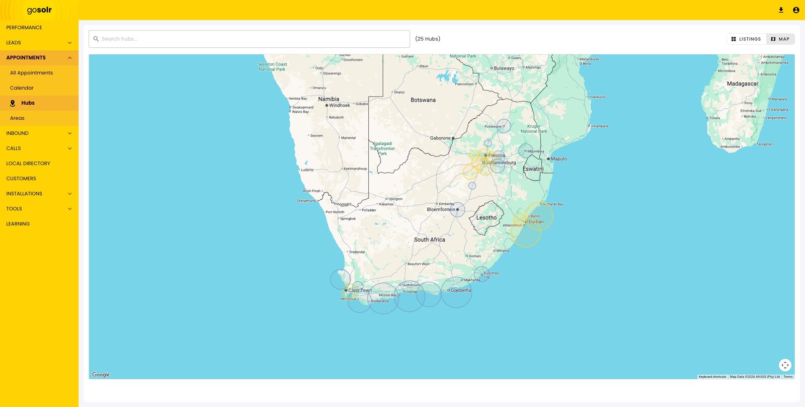 A map of southern Africa with shaded circles marking service-hub coverage areas around major centres.