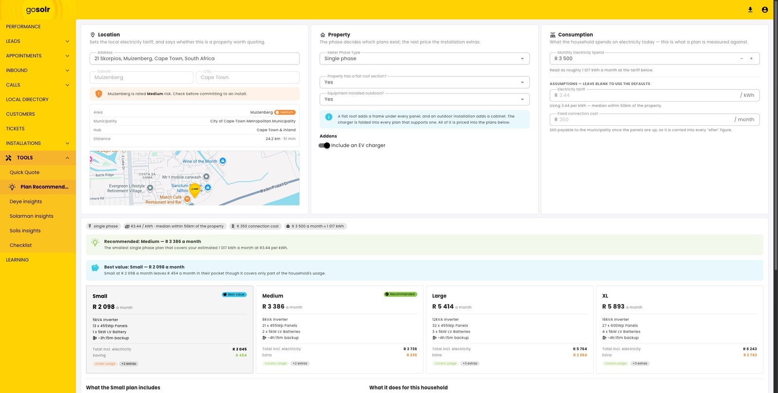 The plan recommendation tool: location with a tariff and risk rating, property questions, and monthly electricity spend with tariff and connection-cost assumptions.