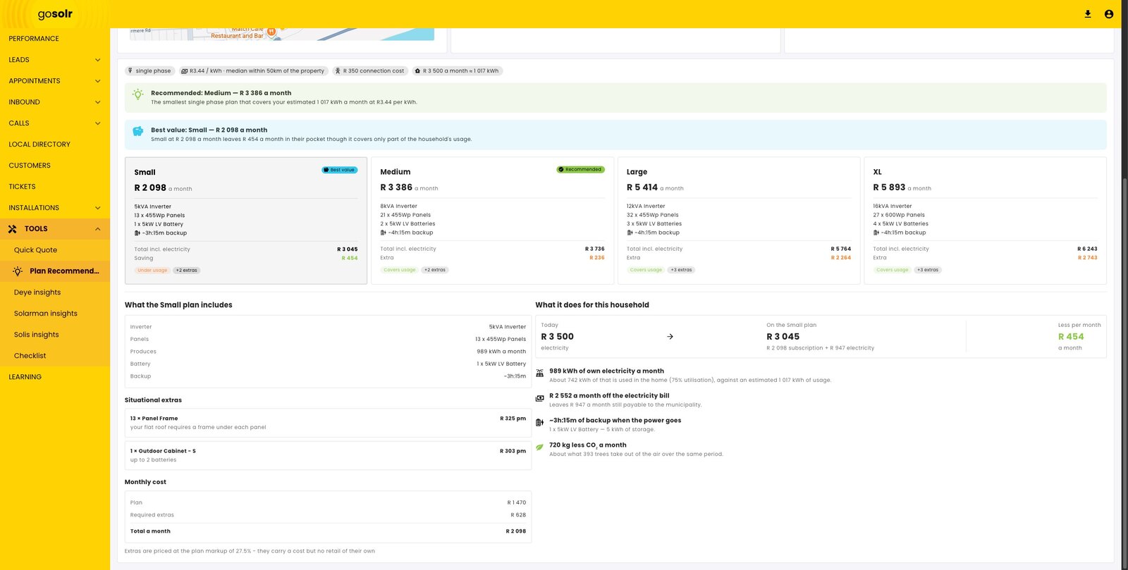 The plan recommendation result: Small, Medium, Large and XL tiers with monthly pricing and hardware, above a breakdown of what the recommended plan does for the household.