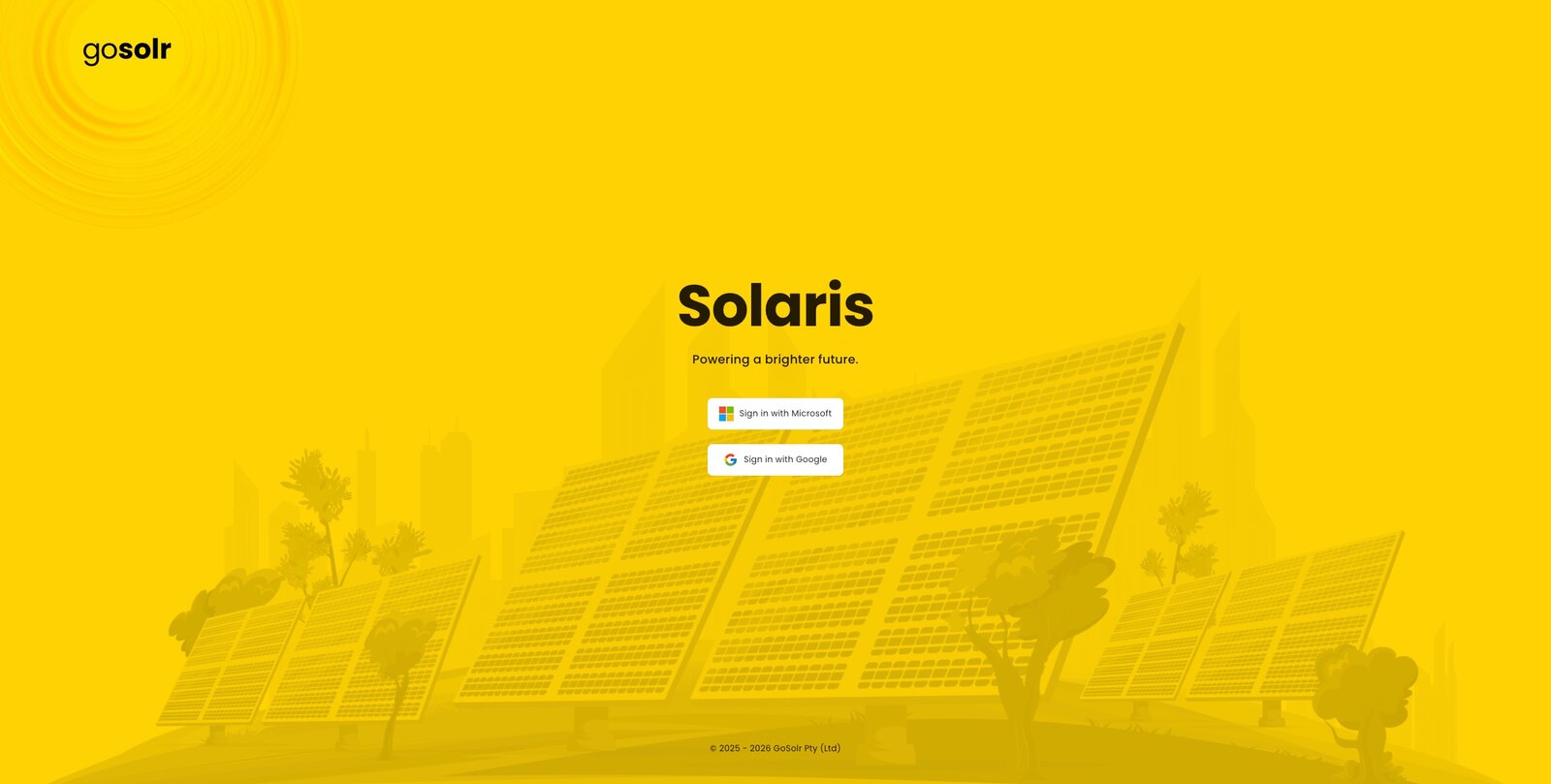 The Solaris sign-in screen: the product name over an illustration of solar panels, with Microsoft and Google sign-in buttons.