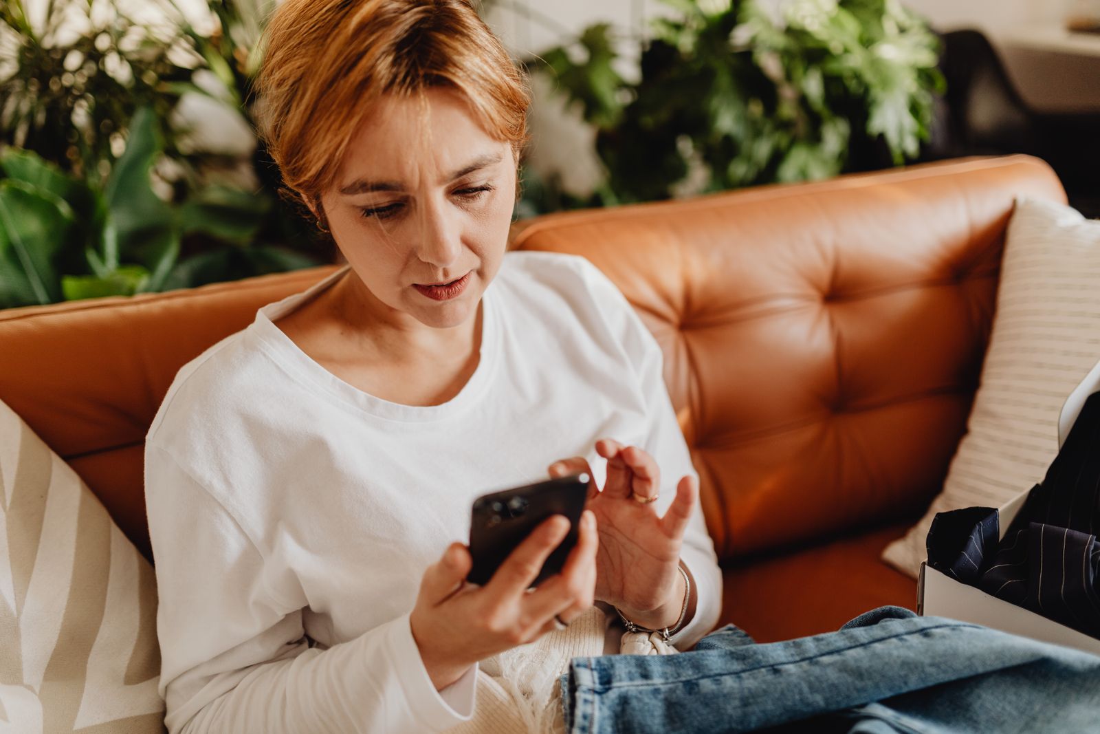 A woman standing at a kitchen counter, reading something on her phone.